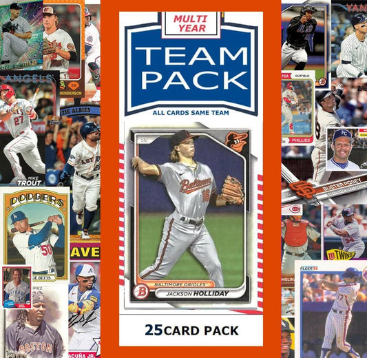 25 Card Multiyear Team Pack Orioles Jackson Holliday Cal Ripken 2024 2023 2025 Topps Stadium Club Archives Chrome Heritage Bowman