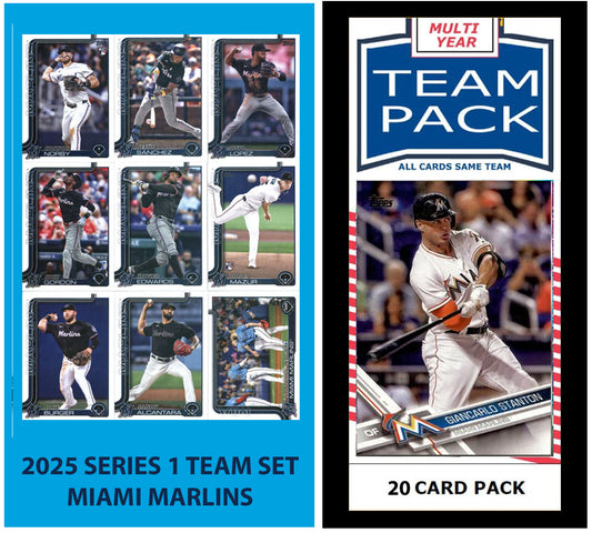 2024 Baseball Team Pack Marlins 20 Card Pack Mike Stanton + 2025 Topps Series 1 Team Set