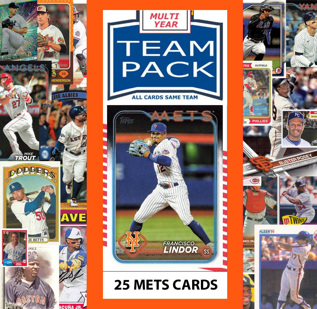 25 Card Multiyear Team Pack New York Mets Francisco Lindor 2024 2023 2025 Topps Stadium Club Archives Chrome Heritage Bowman
