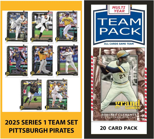 2024 Baseball Team Pack Pirates 20 Card Pack Roberto Clemente + 2025 Topps Series 1 Team Set - Cruz Skenes