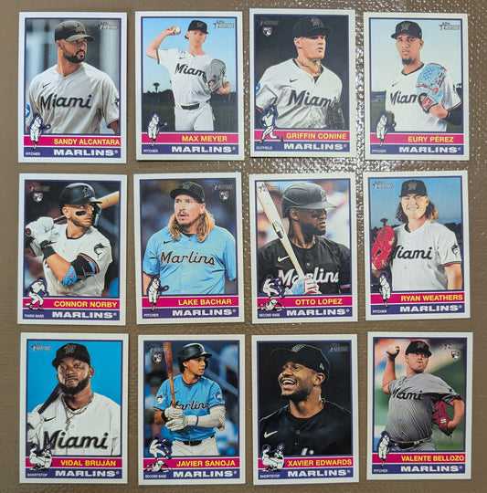 2025 Topps Heritage Baseball Team Set 12 Cards Miami Marlins Sandy Alcantara Connor Norby RC