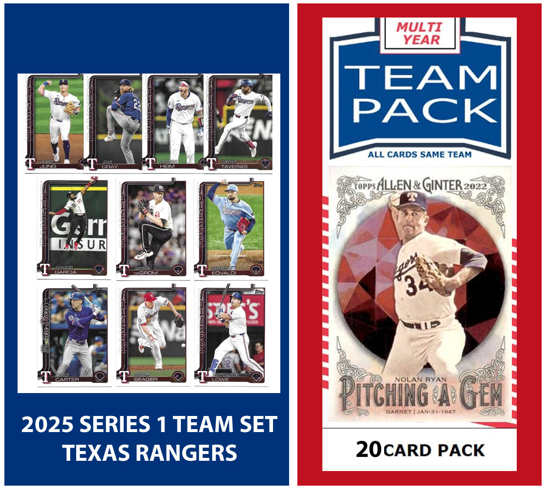 2024 Baseball Team Pack Rangers 20 Card Pack Nolan Ryan + 2025 Topps Series 1 Team Set - Evan Carter Seager